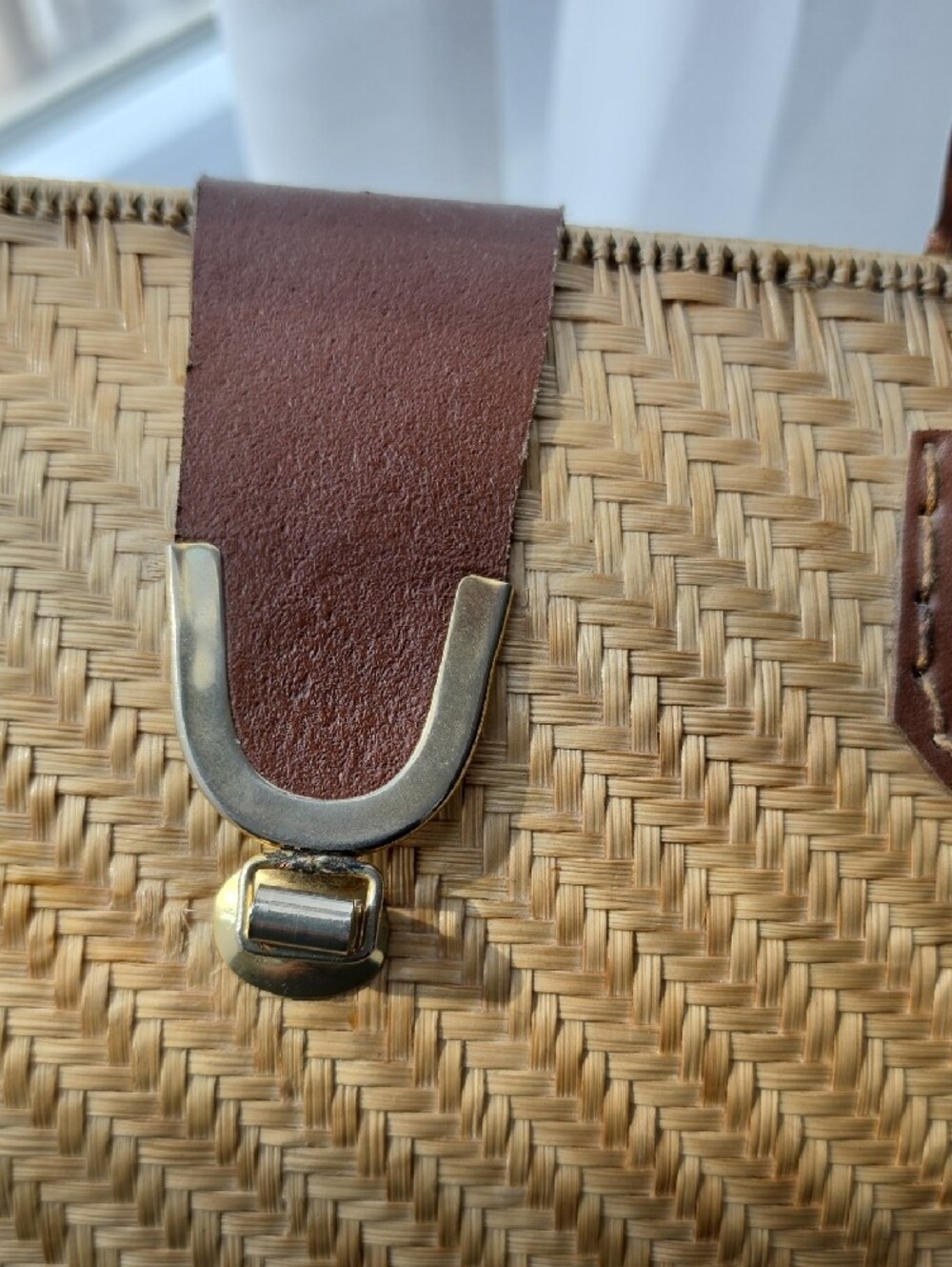 Woven Vintage Straw Tote with Brown Leather Handles 10" Long, 9" Tall - Picture 8 of 10